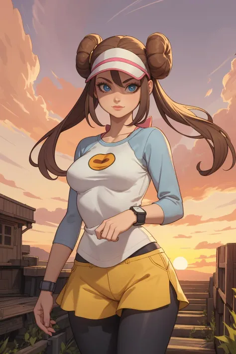 1girl, (solo:1.2), (talking:1.3), (looking at viewer:1.5), (cowboy shot:1.5), (masterpiece:1.3), (best quality:1.3), (perfect anatomy:1.4), highly detailed, (orange sky:1.2), (cowboy scenery:1.2), (sunset:1.4), outside, summer, <lora:Rosa [h_madoka - v1.0]:0.7> ro1, hair bun, blue eyes, twintails, visor cap, pantyhose, raglan sleeves, yellow shorts, shirt, pink bow, wristwatch, medium breasts, young female,, <lora:Bartolomeobari [MockAi - v1.0]:1> bartolomeobari, expert shading, low contrast, clean lineart