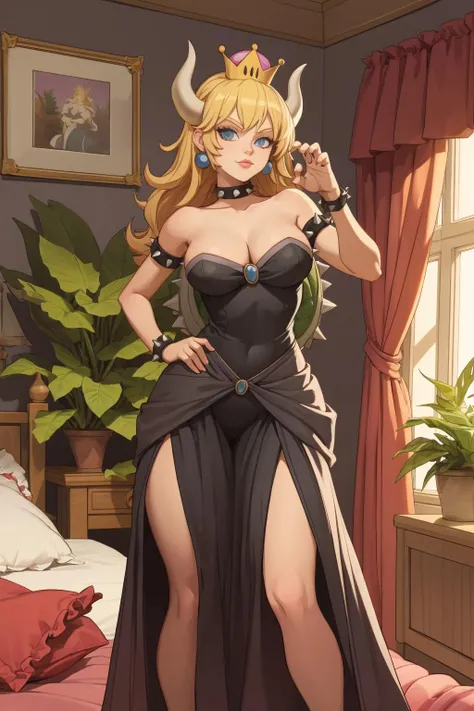 1girl, (solo:1.2), (looking at viewer:1.5), (interesting pose:1.2), (dynamic pose:1.2), (portait:1.3) <lora:Bartolomeobari [MockAi - v1.0]:1> bartolomeobari, expert shading, low contrast, clean lineart, (masterpiece:1.3), (best quality:1.3), (perfect anatomy:1.4), highly detailed, <lora:Mario - Bowsette [Numeratic - v1.0]:1> bowsette, horns, white horns, blonde hair, long hair, spiked choker, spiked collar, cleavage, black dress, bare shoulders, earrings, large breasts, long dress, (cozy bedroom:1.5), (warm lighting:1.3), (lots of pillows:1.2), slightly messy, inside, nighttime, (large house plants:1.3), colorful bedsheets, single person bed, curtains,