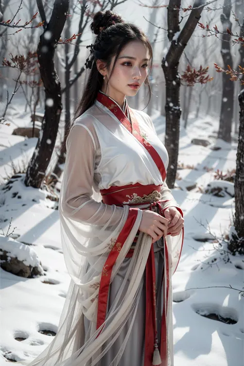 (realistic:1.3), finely detailed, quality, rembrandt lighting, (masterpiece:1.2), (photorealistic:1.2), (best quality), (detailed skin:1.3), (intricate details), dramatic, ray tracing, 1girl, chinese girl, 21 years old, detailed skin texture, (blush:0.5), (goosebumps:0.5), subsurface scattering, smiling, medium breasts, hair bun, long hair, chinese clothes, hanfu, white dress, cowboy shot, (winter scene, snow, snowing, bare trees), <lora:mdxue:0.6>
