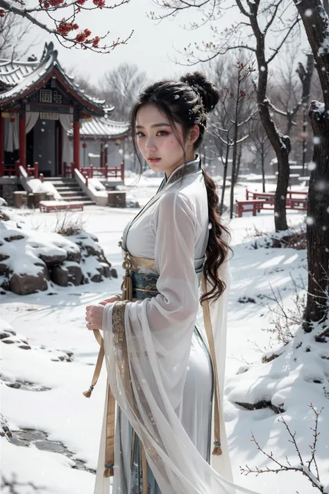 (realistic:1.3), finely detailed, quality, rembrandt lighting, (masterpiece:1.2), (photorealistic:1.2), (best quality), (detailed skin:1.3), (intricate details), dramatic, ray tracing, 1girl, chinese girl, 21 years old, detailed skin texture, (blush:0.5), (goosebumps:0.5), subsurface scattering, smiling, medium breasts, hair bun, long hair, chinese clothes, hanfu, white dress, cowboy shot, (winter scene, snow, snowing, bare trees), <lora:mdxue:0.6>