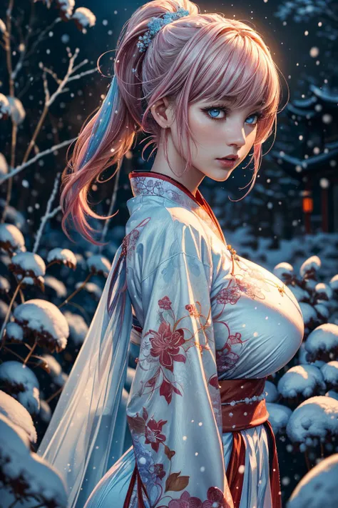 (ultra realistic,32k, masterpiece:1.2),(high detailed skin:1.1),( high quality:1.1),
1girl,pink hair, ponytail hair, bangs,(aqua eyes:0.9)<lora:麻è¢2024-002:0.7>solo, snowï¼snowing, chinese clothesï¼ white dressï¼ hanfuï¼ , <lora:add_detail:0.84>,huge breast,(looking at viewer, Bend forward:1.1),
,(dynamic lighting:1.1), starflower grove, blooming stars, luminescent petals, otherworldly fragrance