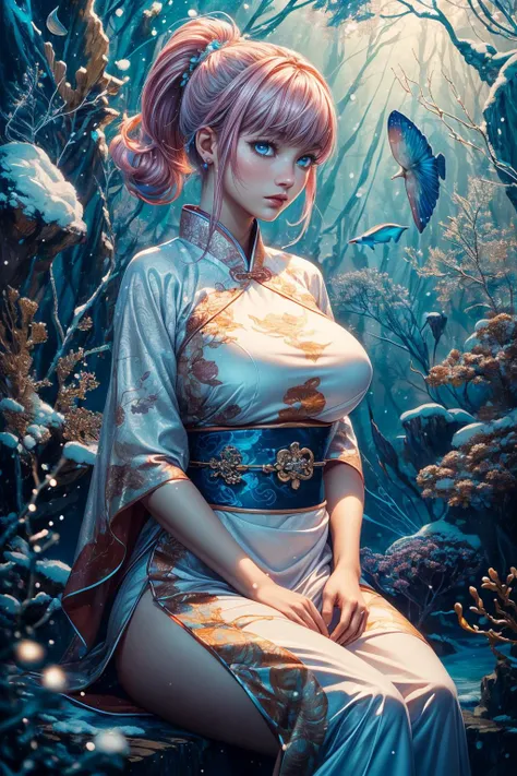 (ultra realistic,32k, masterpiece:1.2),(high detailed skin:1.1),( high quality:1.1), 
1girl,pink hair, ponytail hair, bangs,(aqua eyes:0.9)<lora:éº»è¢2024-002:0.7>solo, snowï¼snowing, chinese clothesï¼ white dressï¼ hanfuï¼ , <lora:add_detail:0.89>,huge breast,(looking at viewer, sitting:1.1),
,(beautifully lit:1.1),  bioluminescent underwater cave, glowing marine life, hidden chambers, mesmerizing illumination