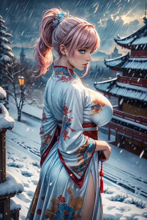 (ultra realistic,32k, masterpiece:1.2),(high detailed skin:1.1),( high quality:1.1),
1girl,pink hair, ponytail hair, bangs,(aqua eyes:0.9)<lora:麻è¢2024-002:0.7>solo, snowï¼snowing, chinese clothesï¼ white dressï¼ hanfuï¼ , <lora:add_detail:0.99>,huge breast,(looking at viewer, standing, from above:1.1),
,(backlight:1.1), stormkeep citadel, thundering skies, imposing fortress, elemental power
