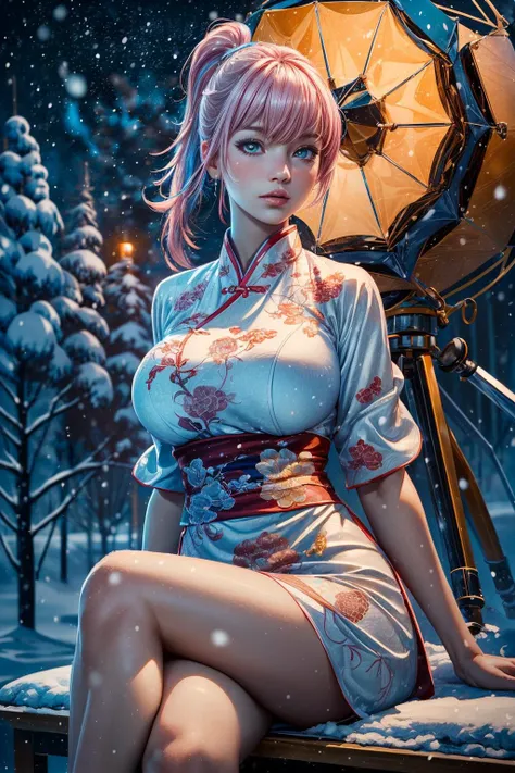 (ultra realistic,32k, masterpiece:1.2),(high detailed skin:1.1),( high quality:1.1),
1girl,pink hair, ponytail hair, bangs,(aqua eyes:0.9)<lora:麻è¢2024-002:0.7>solo, snowï¼snowing, chinese clothesï¼ white dressï¼ hanfuï¼ , <lora:add_detail:0.98>,huge breast,(looking at viewer, sitting, crossed legs:1.1),
,(ambient lighting:1.1), observatory, telescopes, stargazing, astronomical