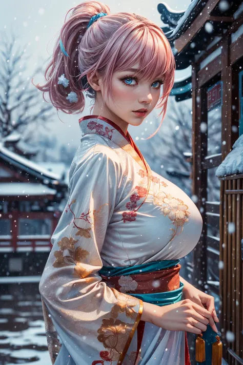 (ultra realistic,32k, masterpiece:1.2),(high detailed skin:1.1),( high quality:1.1),
1girl,pink hair, ponytail hair, bangs,(aqua eyes:0.9)<lora:麻è¢2024-002:0.7>solo, snowï¼snowing, chinese clothesï¼ white dressï¼ hanfuï¼ , <lora:add_detail:0.92>,huge breast,(looking at viewer, Bend forward:1.1),
,(refraction:1.1), blank background