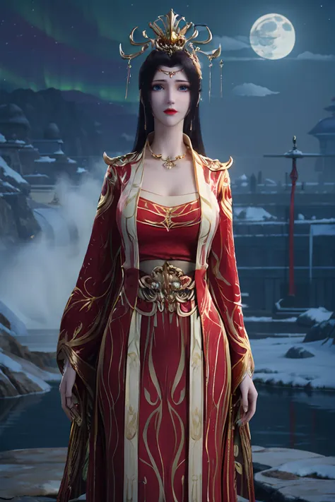 masterpiece, best quality, silk stockings, huge breasts, narrow waist, delicate face, put on makeup, (clouds, starry sky, aurora, moon:1.3), white skin, (sapphire like eyes:1.2), sapphire, (wild, water, forest), gold, diamond, waterfall landscape background, (red tang dynasty clothing, red wedding dress, gold jewelry), high heels, <lora:ãæç ´èç©¹ãäºéµï¼å©è¡£ï¼_v1.0:0.75>,