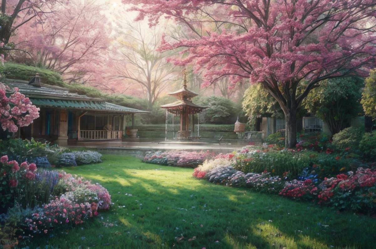 a profestional picutre of 35) The Enchanted Garden - A vast landscape, its terrain coated in lush greenery that shimmers with magic. The air is filled with the sound of chirping birds and the smell of blooming flowers. The garden is said to be home to a powerful enchantress who can grant wishes to those who seek her out. ,wide angle, landscape , photorealism,unreal 5 daz, extremely detailed ,((ultrasharp)),((masterpiece)),((best quality)),((ultradetailed)),((intricated details)), extremaly detailed background, ultra realistic,32k,RAW photo, 8k ,dslr,soft lighting,high quality,film grain, beautiful and aesthetic,extremely detailed, natural shadows, <hypernet:sxzBloom_sxzBloom:0.7> <lora:add_detail:1> <lora:add_sharpness:0.63>