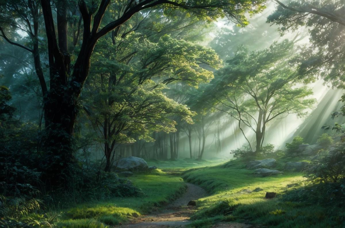 Sunlight shining through the trees in a forest with a path - SeaArt AI