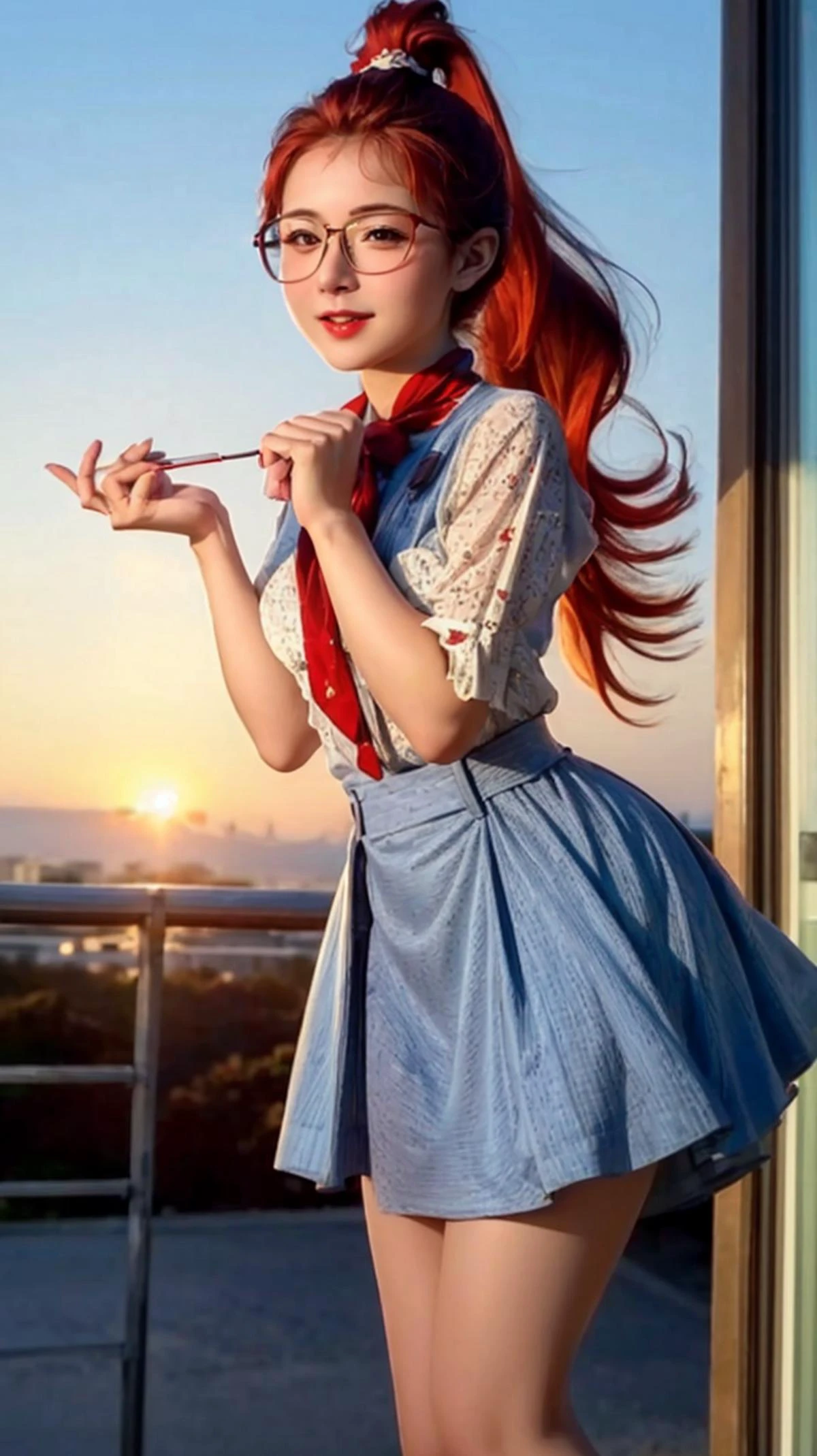 a profesional picture of 1 girl, young girl,small breasts,astetic beauty, <lora:Mme Jeanne character:0.69> Mme Jeanne, red hair, ponytail, glasses on sunset , preparating to jump , puzzled realistic ,perfect quality,best quality,ultrasharp,ultradetailed,perfect quality,masterpiece,intricated details, focus on character <lora:add_detail:0.4> hotify,