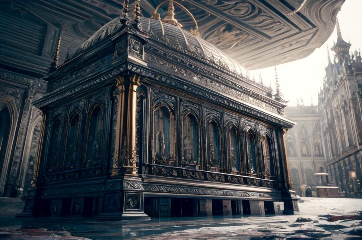 a profestional picutre of 1) Blackstone Mausoleum - A towering mausoleum made entirely from black stone, the walls are engraved with intricate designs depicting skeletal creatures. The centerpiece of the mausoleum is an enormous sarcophagus made of solid gold, surrounded by pools of shimmering liquid that appears to be filled with blood. ,wide angle, landscape , photorealism,unreal 5 daz, extremely detailed ,((ultrasharp)),((masterpiece)),((best quality)),((ultradetailed)),((intricated details)), extremaly detailed background, ultra realistic,32k,RAW photo, 8k ,dslr,soft lighting,high quality,film grain, beautiful and aesthetic,extremely detailed, natural shadows, <hypernet:sxzBloom_sxzBloom:0.7> <lora:add_detail:1> <lora:add_sharpness:0.63>