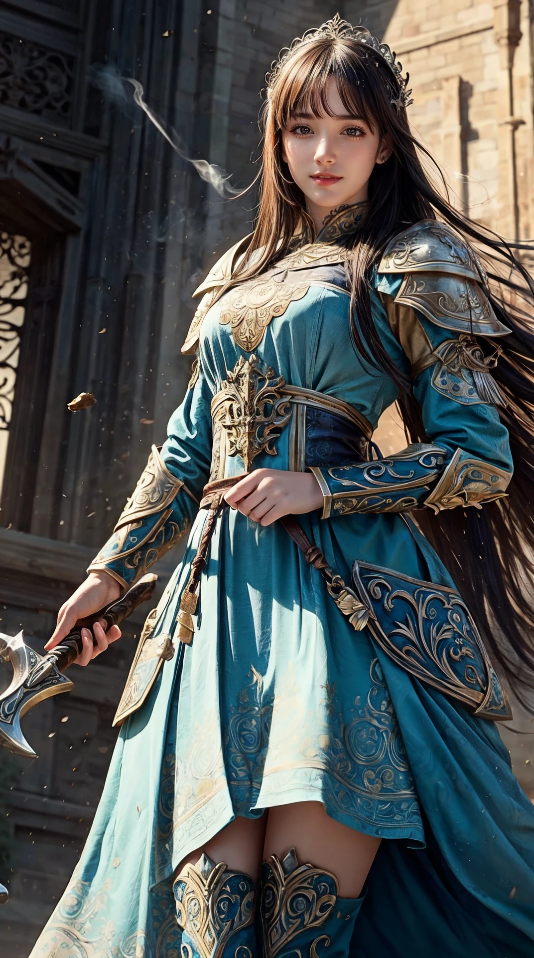 a profesional picture of 1girl young with small breasts and Fiona, Noble Shieldmaiden: Fiona is a noble shieldmaiden, hailing from a long line of warriors and heroes. Her long, auburn hair is tied back in a sleek bun, revealing a sharp jawline and piercing green eyes. She wears a suit of gleaming plate armor, embossed with intricate patterns and designs that reflect the sunlight. In her hand, she grips a heavy tower shield, the surface etched with the family crest and the edges sharp enough to slice through flesh. By her side, she carries a long, straight sword, the blade polished to a mirror shine. BREAK, realistic, perfect quality, best quality, ultrasharp, ultradetailed, perfect quality, masterpiece, intricated details, , punk, , Splash, splashes, splashing, explosion, exploding smoke, smokkk, colorfull cyan, hotify, vivid colors
