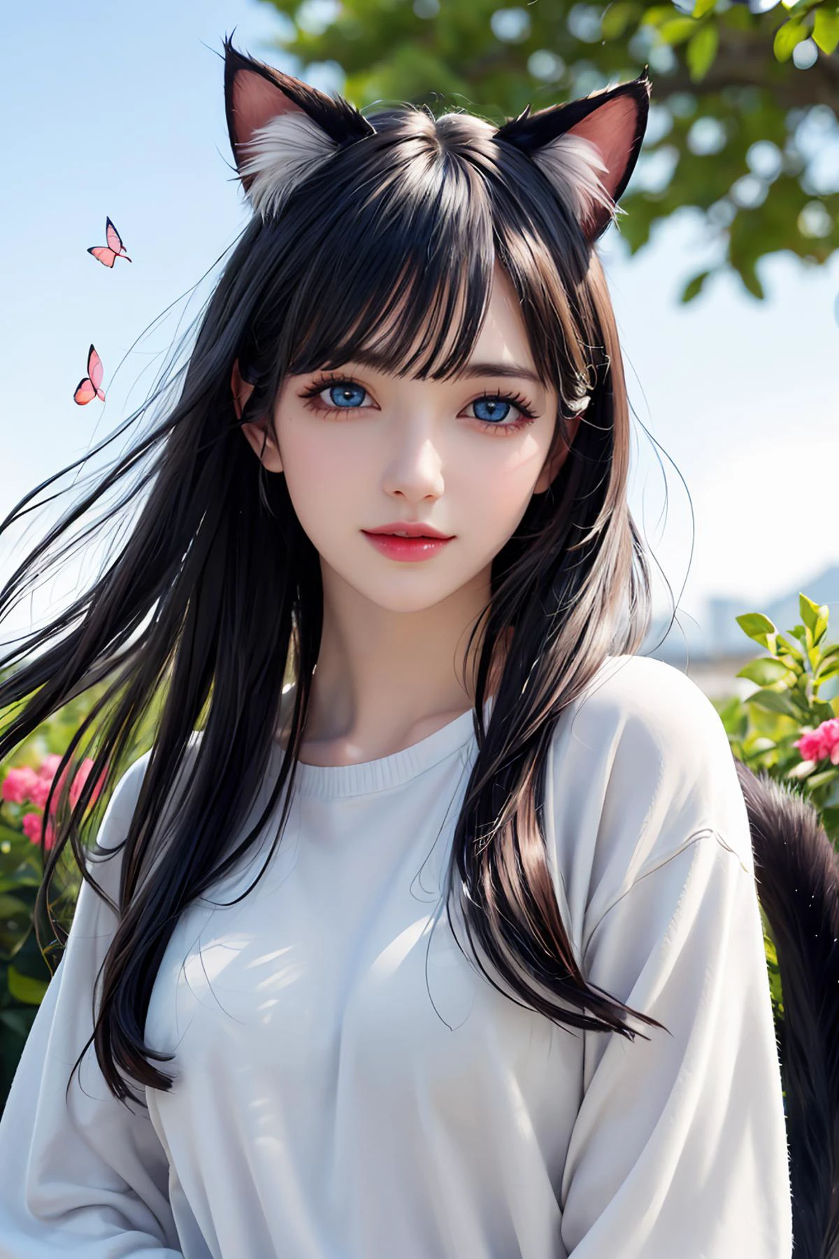 original, (masterpiece), (illustration), (extremely fine and beautiful), perfect detailed, photorealistic, (beautiful and clear background:1.25), (depth of field:0.7), (1 cute girl with (cat ear and cat tail:1.2) stands in the garden:1.1), (cute:1.35), (detailed beautiful eyes:1.3), (beautiful face:1.3), casual, silver hair, silver ear, (blue hair:0.8), (blue ear:0.8), long hair, coat, short skirt, hair blowing with the wind, (blue eye:1.2), flowers, ( girl:0.65), butterflys flying around,