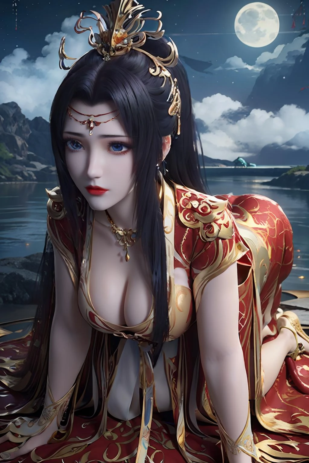 masterpiece, best quality, silk stockings, huge breasts, narrow waist, delicate face, put on makeup, (clouds, starry sky, aurora, moon:1.3), white skin, (sapphire like eyes:1.2), sapphire, (wild, water, forest), gold, diamond, waterfall landscape background, (red tang dynasty clothing, red wedding dress, gold jewelry), high heels, <lora:ãæç ´è穹ãäºéµï¼å©è¡£ï¼_v1.0:0.75>,