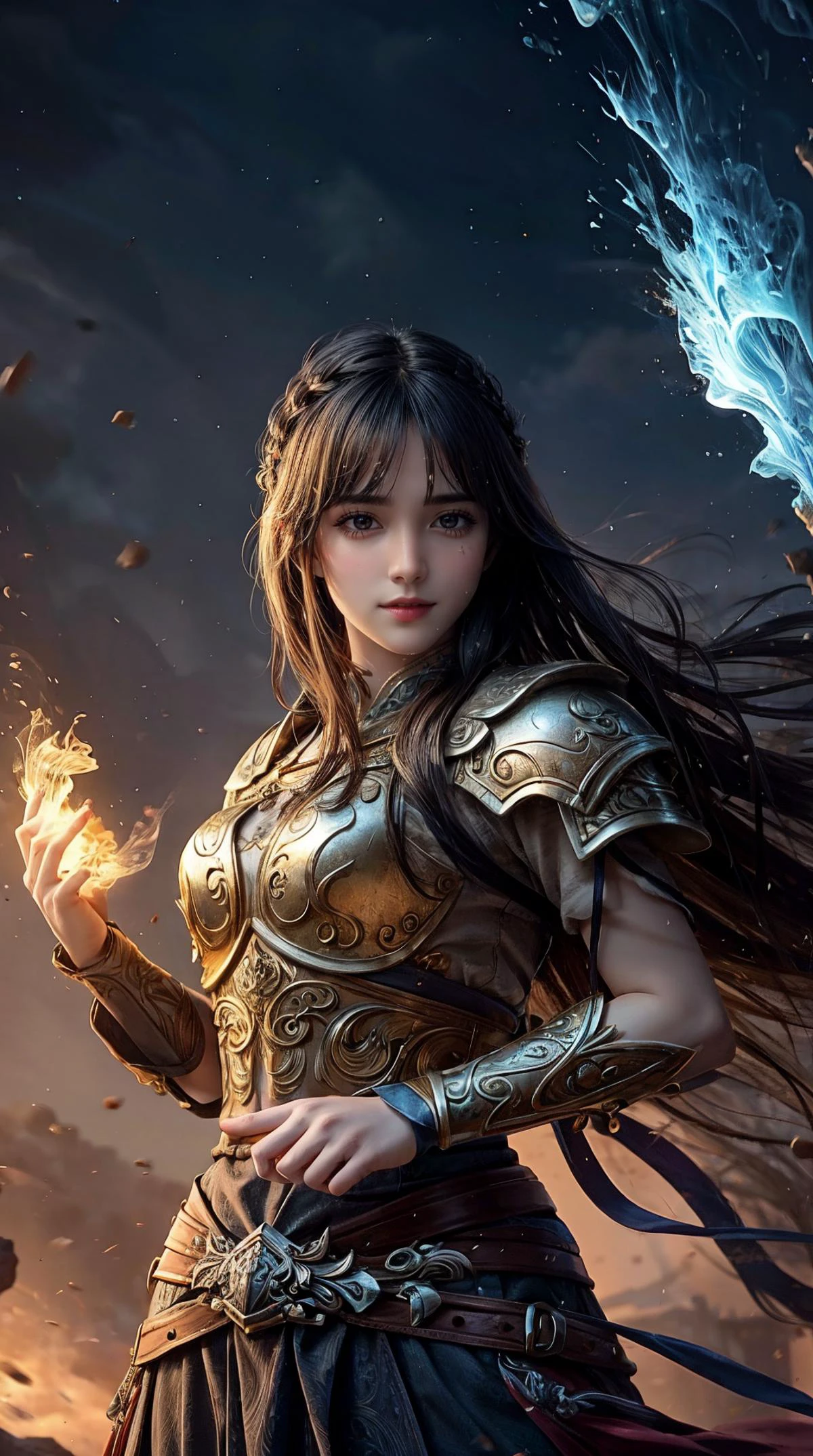 a profesional picture of 1girl young with small breasts and Greta, Shieldmaiden: Greta is a stoic and disciplined shieldmaiden, trained from a to fight and defend her people. Her short, brown hair is cropped close to her head, revealing a strong jawline and steady brown eyes. She wears a suit of polished plate armor, embossed with intricate patterns and designs that catch the light as she moves. In her hand, she grips a heavy tower shield, the surface dented and scarred from countless impacts. By her side, she carries a long, straight sword, the blade shining like a mirror. BREAK, realistic, perfect quality, best quality, ultrasharp, ultradetailed, perfect quality, masterpiece, intricated details, , punk, , Splash, splashes, splashing, explosion, exploding smoke, smokkk, colorfull cyan, hotify, vivid colors