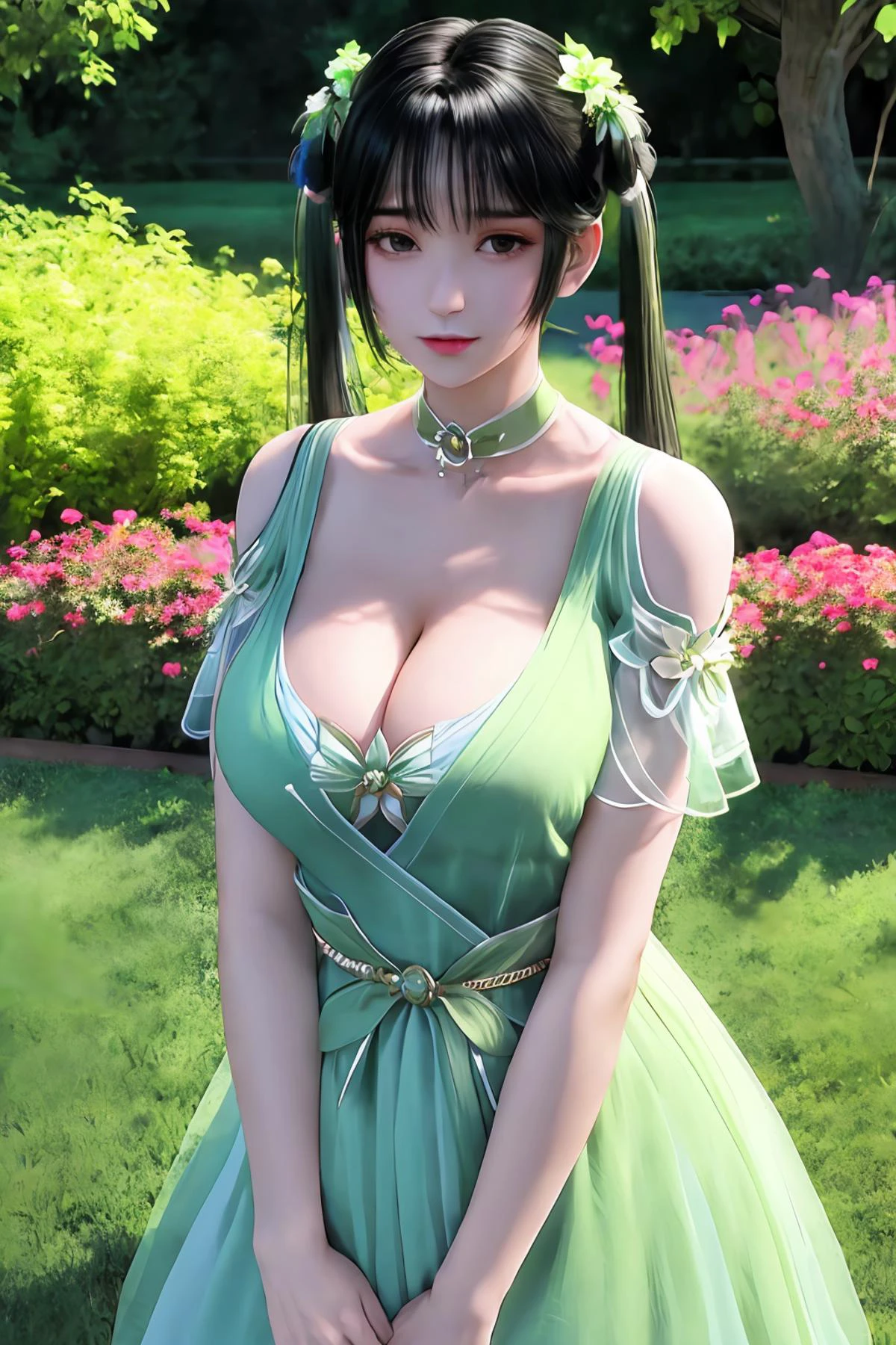 1girl, night, looking at viewer, hair ornament, twintails, white green dress, collar, clothing cutout, jewelry, shirt, trim, belt, shoulder cutout, choker, black hair, aged down, obi, <lora:è¯ä»_碧ç¶_Jade Dynasty_Bi Yao_v1.0:0.75>, garden background, (deep cleavage of breast:1.2),