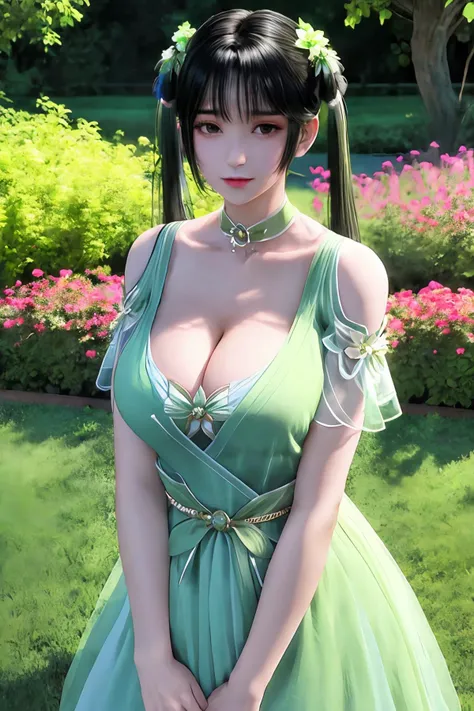 1girl, night, looking at viewer, hair ornament, twintails, white green dress, collar, clothing cutout, jewelry, shirt, trim, belt, shoulder cutout, choker, black hair, aged down, obi, <lora:è¯ä»_ç¢§ç¶_Jade Dynasty_Bi Yao_v1.0:0.75>, garden background, (deep cleavage of breast:1.2),