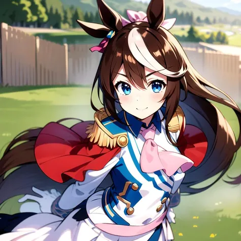 masterpiece, 8k wallpaper, best quality, 1girl, TokaiTeio, <lora:TokaiTeio_V2>, smile, blush, looking at the viewer, grass, tokai_teio_\(umamusume\),