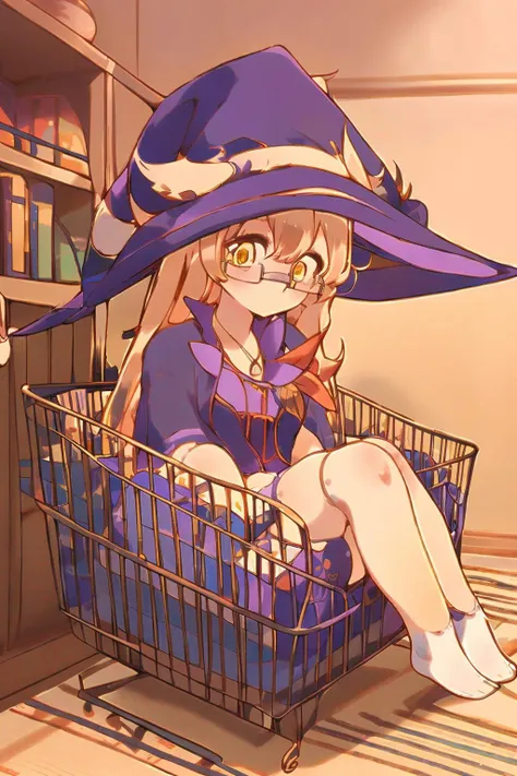 MMARRIE, NECKLACE, OPAQUE GLASSES, SEMI-RIMLESS EYEWEAR, LONG HAIR, BLONDE HAIR, YELLOW EYES, WITCH HAT, VERY LONG HAIR, WITCH, LOOKING AT VIEWER, JEWELRY, AHOGE, BANGS, sttngshppngcrt, ahoge, sitting, bangs, white socks <lora:Tatoeba_Last_ Dungeon_Marie_Azami_00_01:1> <lora:sitting_shopping_cart_00_02:1.2>