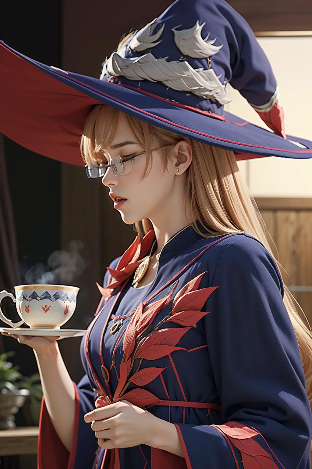 (2d:1.2), wide shot, (dynamic angle:1.1), outline, ((thick lineart)), cover, stylish, official art, (details:1.2), (fantasy), garden, (bloom:1.1), glow:0.2, shadow, nature, cherry blossoms, particles, (depth of field), sharp focus, (volumetric lighting), (bokeh:0.6), film grain:0.4, day, (soft lighting:1.1), Mmarrie, long hair, open mouth, bangs, brown hair, hat, holding, closed eyes, glasses, from side, cup, profile, witch hat, steam, holding cup, semi-rimless eyewear, <lora:Tatoeba_Last_ Dungeon_Marie_Azami_00_01:1>