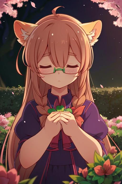 (2d:1.2), wide shot, (dynamic angle:1.1), outline, ((thick lineart)), cover, stylish, official art, (details:1.2), (fantasy), garden, (bloom:1.1), glow:0.2, shadow, nature, cherry blossoms, particles, (depth of field), sharp focus, (volumetric lighting), (bokeh:0.6), film grain:0.4, day, (soft lighting:1.1), Mmarrie, long hair, brown hair, closed eyes, glasses, own hands together, own hands clasped, clover, four-leaf clover, <lora:Tatoeba_Last_ Dungeon_Marie_Azami_00_01:1>