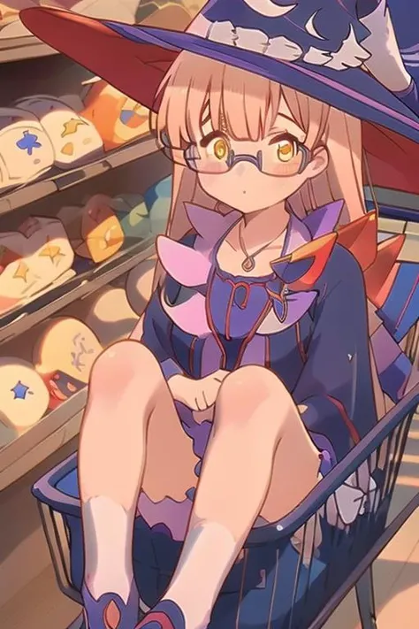 MMARRIE, NECKLACE, OPAQUE GLASSES, SEMI-RIMLESS EYEWEAR, LONG HAIR, BLONDE HAIR, YELLOW EYES, WITCH HAT, VERY LONG HAIR, WITCH, LOOKING AT VIEWER, JEWELRY, AHOGE, BANGS, sttngshppngcrt, ahoge, sitting, bangs, white socks <lora:Tatoeba_Last_ Dungeon_Marie_Azami_00_01:1> <lora:sitting_shopping_cart_00_02:1.1>