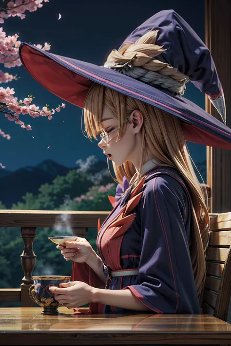 (2d:1.2), wide shot, (dynamic angle:1.1), outline, ((thick lineart)), cover, stylish, official art, (details:1.2), (fantasy), garden, (bloom:1.1), glow:0.2, shadow, nature, cherry blossoms, particles, (depth of field), sharp focus, (volumetric lighting), (bokeh:0.6), film grain:0.4, day, (soft lighting:1.1), Mmarrie, long hair, open mouth, bangs, brown hair, hat, holding, closed eyes, glasses, from side, cup, profile, witch hat, steam, holding cup, semi-rimless eyewear, <lora:Tatoeba_Last_ Dungeon_Marie_Azami_00_01:1>