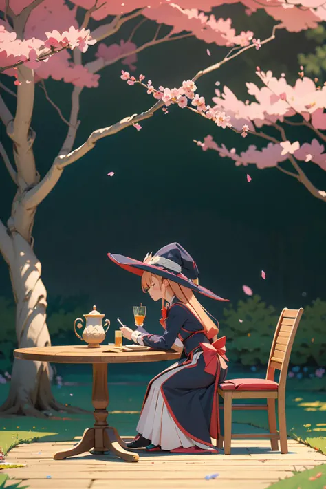 (2d:1.2), wide shot, (dynamic angle:1.1), outline, ((thick lineart)), cover, stylish, official art, (details:1.2), (fantasy), garden, (bloom:1.1), glow:0.2, shadow, nature, cherry blossoms, particles, (depth of field), sharp focus, (volumetric lighting), (bokeh:0.6), film grain:0.4, day, (soft lighting:1.1), Mmarrie, long hair, hat, sitting, cup, book, witch hat, chair, table, witch, reading, <lora:Tatoeba_Last_ Dungeon_Marie_Azami_00_01:1>