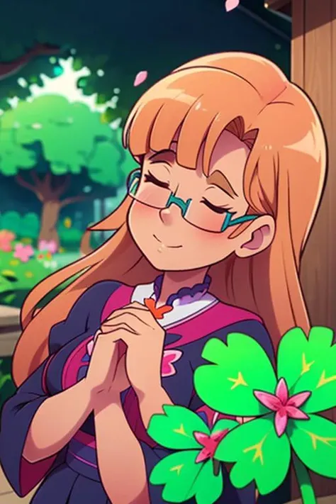 (2d:1.2), wide shot, (dynamic angle:1.1), outline, ((thick lineart)), cover, stylish, official art, (details:1.2), (fantasy), garden, (bloom:1.1), glow:0.2, shadow, nature, cherry blossoms, particles, (depth of field), sharp focus, (volumetric lighting), (bokeh:0.6), film grain:0.4, day, (soft lighting:1.1), Mmarrie, long hair, brown hair, closed eyes, glasses, own hands together, own hands clasped, clover, four-leaf clover, <lora:Tatoeba_Last_ Dungeon_Marie_Azami_00_01:1>