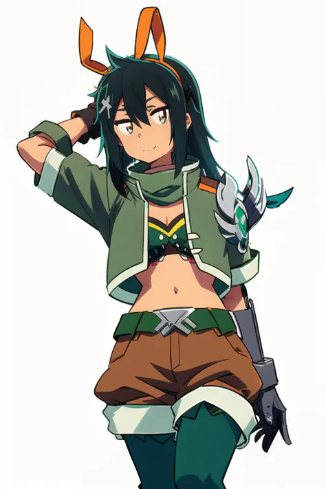 white background, simple background, Rrihho, looking at viewer, long hair, black hair, gloves, animal ears, jacket, pantyhose, boots, shorts, day, midriff, arm up, crop top, cropped jacket, brown shorts, green pantyhose <lora:Tatoeba_Last_ Dungeon_Riho_Flavin_00_02:1.0>