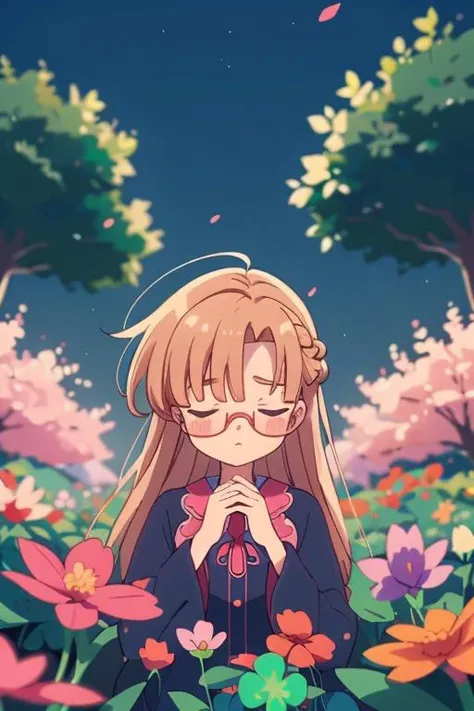 (2d:1.2), wide shot, (dynamic angle:1.1), outline, ((thick lineart)), cover, stylish, official art, (details:1.2), (fantasy), garden, (bloom:1.1), glow:0.2, shadow, nature, cherry blossoms, particles, (depth of field), sharp focus, (volumetric lighting), (bokeh:0.6), film grain:0.4, day, (soft lighting:1.1), Mmarrie, long hair, brown hair, closed eyes, glasses, own hands together, own hands clasped, clover, four-leaf clover, <lora:Tatoeba_Last_ Dungeon_Marie_Azami_00_01:1>