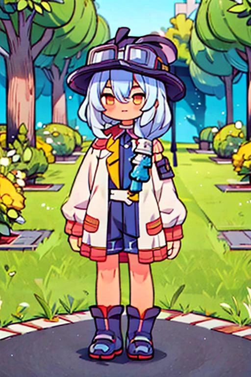 (2d:1.2), wide shot, (dynamic angle:1.1), outline, ((thick lineart)), cover, stylish, official art, (details:1.2), glow:0.2, shadow, nature, garden, (depth of field), sharp focus, (volumetric lighting), (bokeh:0.6), film grain:0.4, day, (soft lighting:1.1), eeugg, full body, blue hair, long hair, goggles, goggles on headwear, hair between eyes, candy, lollipop, yellow eyes, bangs, jacket, labcoat, white jacket, looking at viewer, standing, <lora:Tatoeba_Last_ Dungeon_Eug_00_01:1>