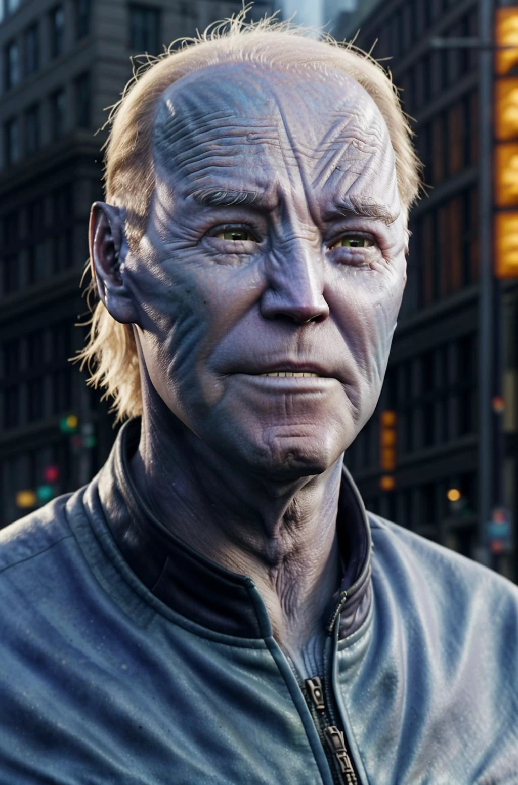 Dramatic portrait of old ((Joe Biden)) as a naavi man sad, blue skin, alien, pointy ears, freckles, yellow eyes, city street background, <lora:race_oth_naavi:0.8>
