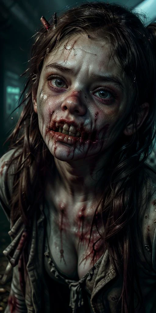 (((Ultra-HD-quality-details, ideal-cutesie))) 1girl , <lora:Zoey_zombie_olderV2_r40:.8> 40-zoey-olderv2-zombie, apocalyptic-scene, last-pov-moment-before-bitten-to-death, growling-with-mouth-open
