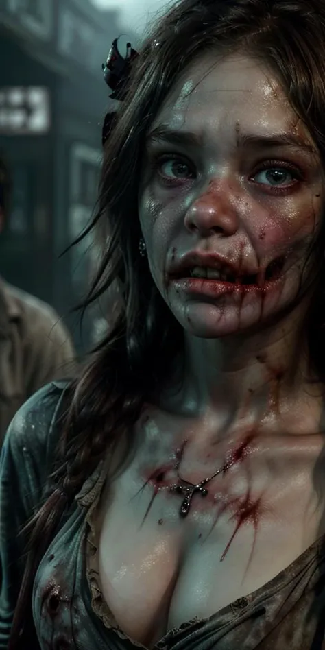 (((Ultra-HD-quality-details, ideal-cutesie))) 1girl , ((Wearing a torn sheer costume)),((Torn costume)), 40-zoey-olderv2-zombie, apocalyptic-scene, getting-ignored, hyperactive,big breasts,nude,