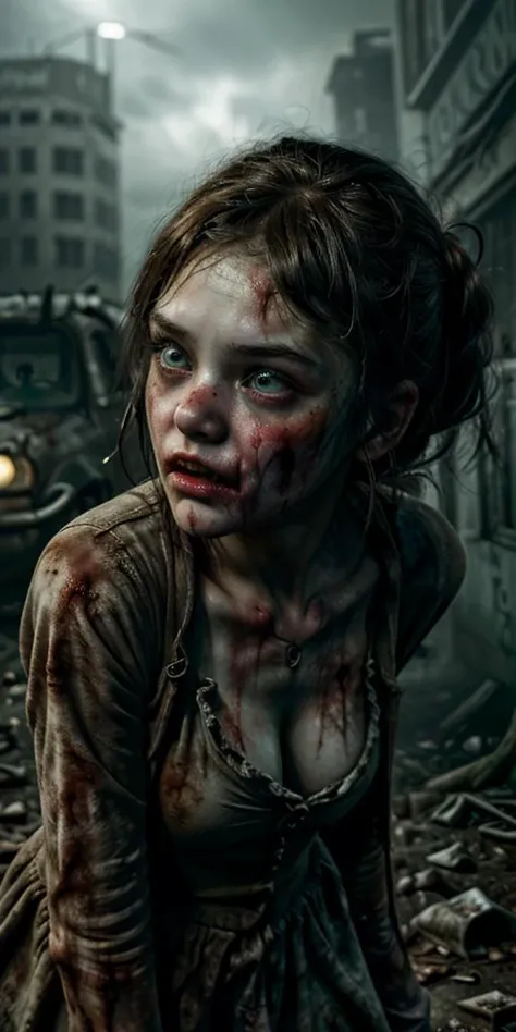 a emma watson as a zombie girl is sitting on a fence as a captivating figure amidst the desolation. her physical appearance tells a story of tragic transformation and decay, evoking both fascination and a sense of unease. the teenzombie girl's once-youthful countenance is marred by the relentless grip of decay. Their her flesh, once vibrant and alive, now hangs in tattered shreds, exposing patches of decomposed muscle and bone beneath.