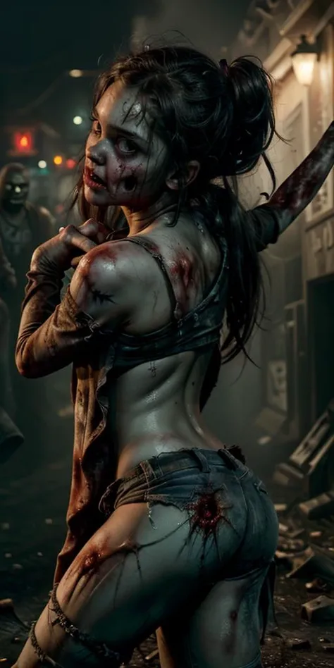 Bold girl standing, cat ears, seductive, medium breasts, black lipstick, sweaty body, torn black t-shirt, short and torn black shorts, black boot, black claws, big black hair, thin, attractive fabric, blood-stained hands. (Warehouse at night, dawn, old and abandoned place at night, night, dust flying, apocalyptic scenery, city destroyed at night). (ambient lighting, masterpiece, seducing, depth of field, Full HD, 4K, wide-angle lens, richness of detail). Hollywood Style