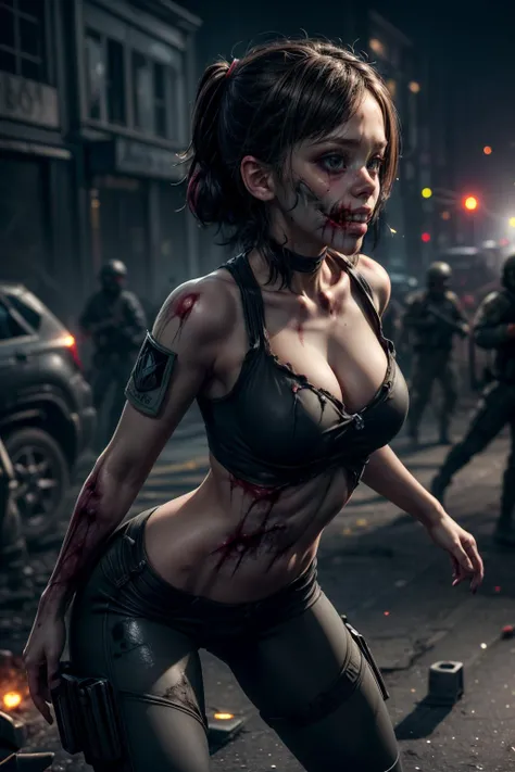 (((Ultra-HD-quality-details, ideal-cutesie))),40-zoey-olderv2-zombie,dynamic angles,masterpiece,(detailed),(detailed skin),1girl,wearing special forces gear,(bullet wounds),<lora:Zoey_zombie_olderV2_r40:0.8>,action poses,ray tracing,vivid colors,vibrant colors,4k,8k,<lora:more_details:0.6>,