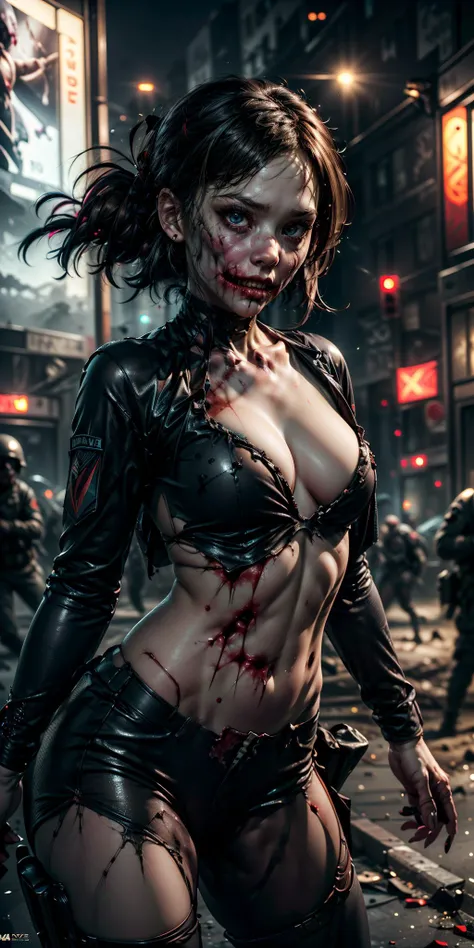 (((Ultra-HD-quality-details, ideal-cutesie))),40-zoey-olderv2-zombie,dynamic angles,masterpiece,(detailed),(detailed skin),1girl,wearing special forces gear,(bullet wounds),<lora:Zoey_zombie_olderV2_r40:0.8>,action poses,ray tracing,vivid colors,vibrant colors,<lora:more_details:0.6>,