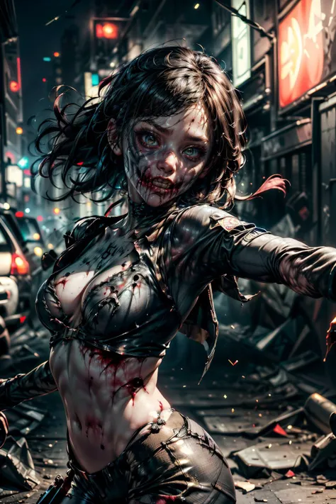 (masterpiece, best quality, highres:1.2),(photorealistic:1.2),(intricate and beautiful:1.2),(detailed light:1.2),(colorful),RAW photo,40-zoey-olderv2-zombie,dynamic angles,1girl,wearing special forces gear,(bullet wounds),<lora:Zoey_zombie_olderV2_r40:0.8>,(((action photoshoot poses))),ray tracing,<lora:more_details:0.6>,(highres textures),bokeh,soft light passing through hair,(abstract background:1.3),(sharp),exposure blend,bokeh,(hdr:1.4),high contrast,(cinematic),(muted colors, dim colors, soothing tones:1.3),morbid,cowboy_shot,