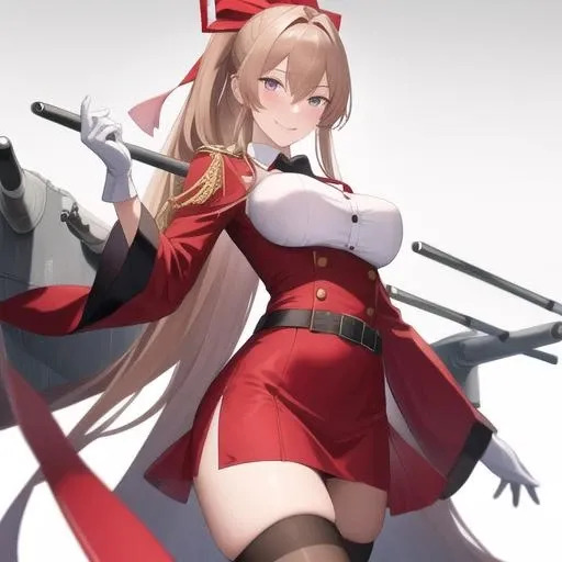 Young woman, masterpiece, anime, Japanese body armor, Short skirt, red stockings, blonde, red bandage around the neck, samurai helmet on the head, smiles broadly, bottom up view, one hand on the tamiya, natural breasts, deep neckline, corset for tamiya