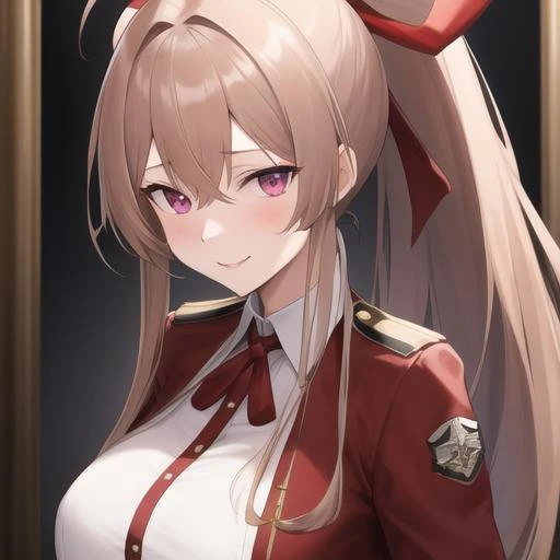(masterpiece, best quality:1.2),illustration,8k,hd,absurdres,1girl,solo,upper body,(portrait:1.2),swiftsure (azur lane),aiguillette,bangs,belt,black ascot,brown hair,buckle,buttons,cropped jacket,grey thighhighs,hair between eyes,hair ribbon,large breasts,looking at viewer,multicolored clothes,multicolored dress,ponytail,red dress,red jacket,red ribbon,rudder footwear,short dress,sidelocks,smile,tsurime,very long hair,violet eyes,white dress,white gloves,wide sleeves,<lora:Swiftsure(azur)>,