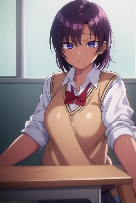 saehinata, <lyco:saehinata-lyco-nochekaiser:1>,
sae hinata, blue eyes, purple hair, dark skin, dark-skinned female, short hair,
BREAK shirt, bow, school uniform, white shirt, collared shirt, bowtie, red bow, sweater vest, brown sweater,
BREAK looking at viewer,
BREAK indoors, classroom,
BREAK <lora:GoodHands-vanilla:1>, (masterpiece:1.2), best quality, high resolution, unity 8k wallpaper, (illustration:0.8), (beautiful detailed eyes:1.6), extremely detailed face, perfect lighting, extremely detailed CG, (perfect hands, perfect anatomy),