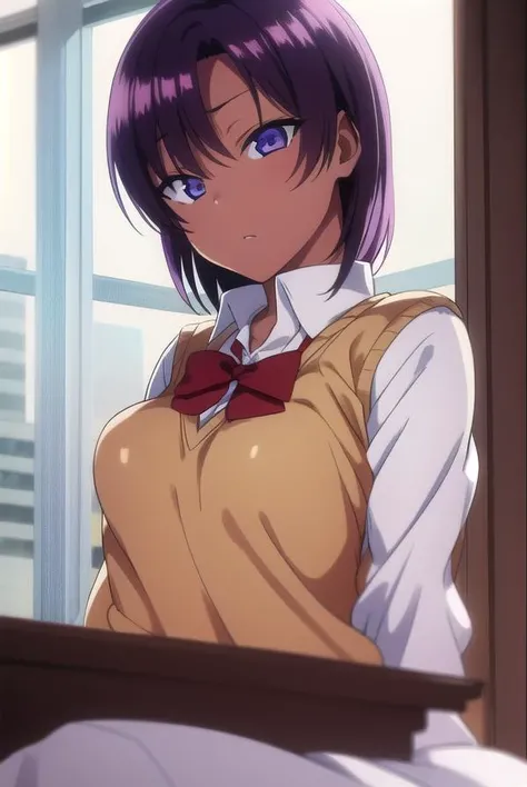 saehinata, <lyco:saehinata-lyco-nochekaiser:1>,
sae hinata, blue eyes, purple hair, dark skin, dark-skinned female, short hair,
BREAK shirt, bow, school uniform, white shirt, collared shirt, bowtie, red bow, sweater vest, brown sweater,
BREAK looking at viewer,
BREAK indoors, classroom,
BREAK <lora:GoodHands-vanilla:1>, (masterpiece:1.2), best quality, high resolution, unity 8k wallpaper, (illustration:0.8), (beautiful detailed eyes:1.6), extremely detailed face, perfect lighting, extremely detailed CG, (perfect hands, perfect anatomy),