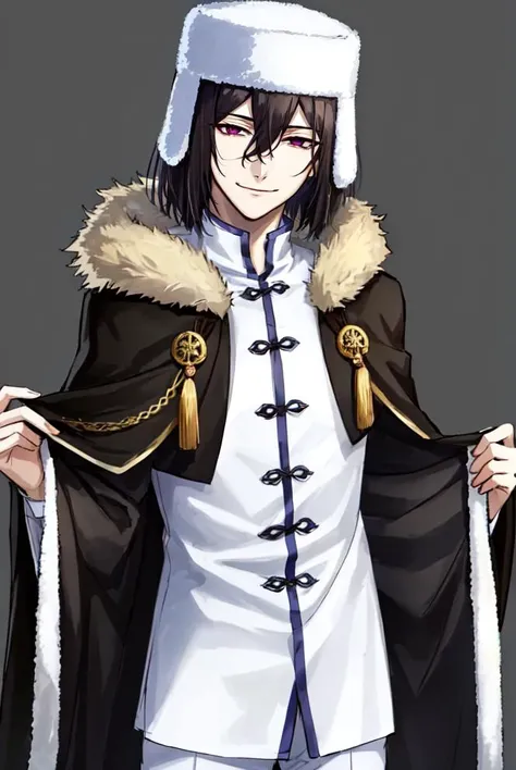 <lora:Fyodor_Dostoyevsky:0.7>, 1boy, solo, male focus, black hair, medium hair, magenta eyes, smirk, hair between eyes, ushanka