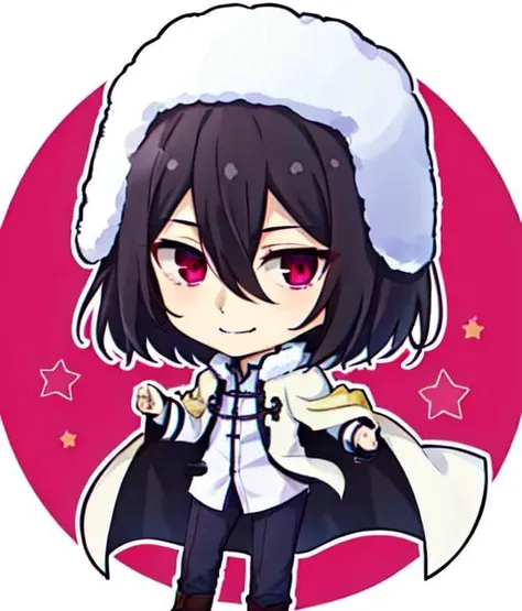 <lora:Fyodor_Dostoyevsky:0.7>, 1boy, solo, male focus, black hair, medium hair, magenta eyes, smirk, hair between eyes, ushanka, chibi, full body,
<lora:Qtea_add_sugar-fp16:1>