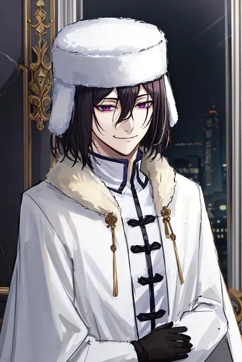 <lora:Fyodor_Dostoyevsky:0.7>, 1boy, solo, male focus, black hair, medium hair, magenta eyes, smirk, hair between eyes, ushanka