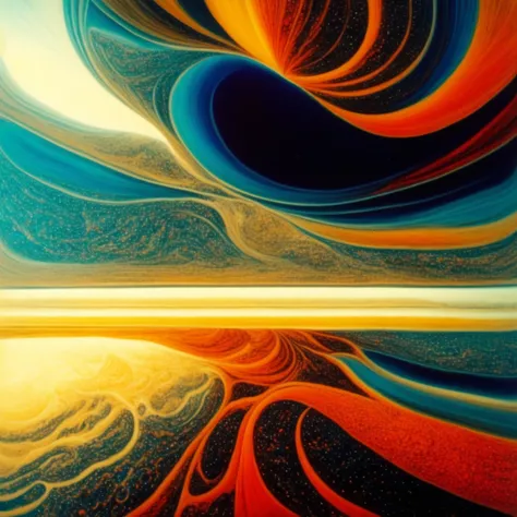 photo, a painting of an orange and blue swirl with a sky in the background