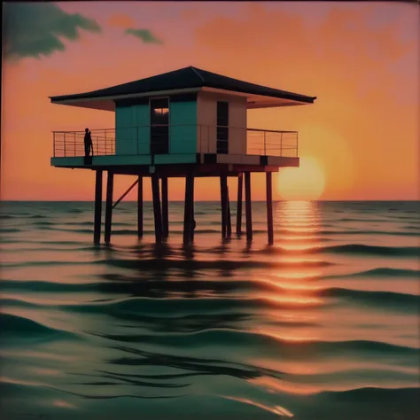 photo, TropicalAstronaut style a man in a space suit standing in front, ModernCity style, a painting of a house on stilts in the ocean at sunset