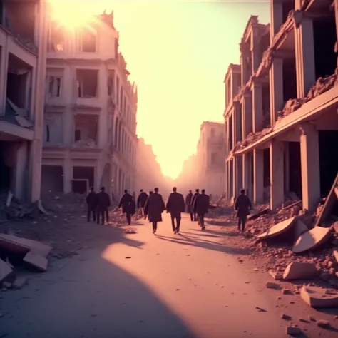 photo, WarTorn style, a group of people walking through a destroyed city