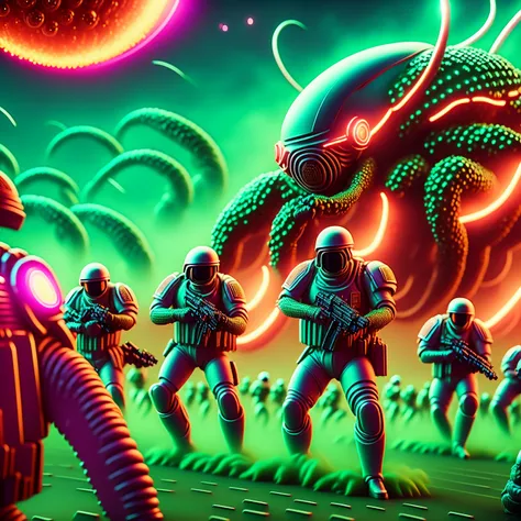 photo, A digital art piece featuring a group of futuristic soldiers battling against a massive, Lovecraftian monster, with writhing tentacles and pulsing, glowing eyes. The soldiers are equipped with advanced, otherworldly weapons, and the scene is bathed in an otherworldly glow. (spacewar style:0.6) (tentaclebeast style:0.6)